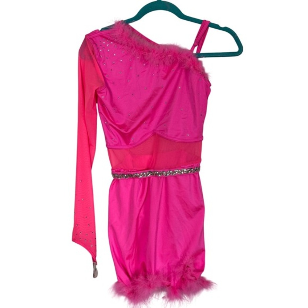 Weissman Hot Pink One Shoulder Dance Leotard Feather Rhinestone Costume 16373 MA